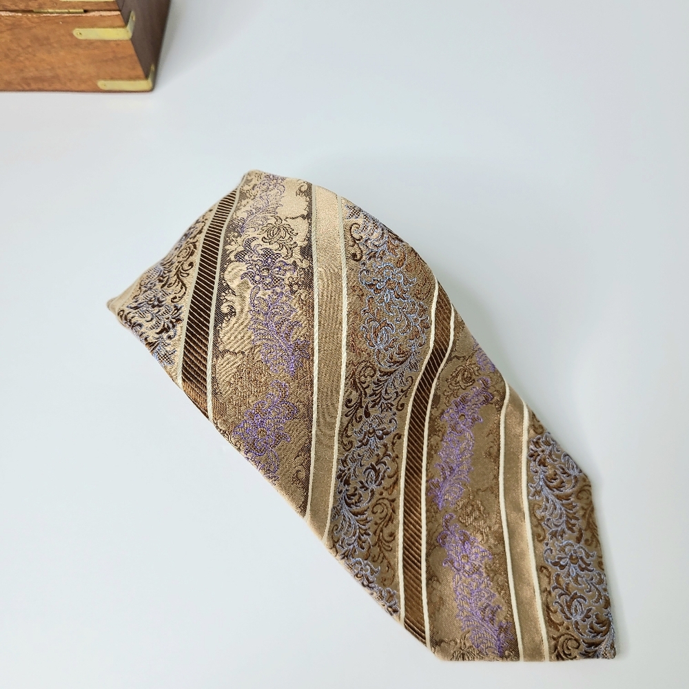 Santorelli Handmade in Italy Diagonal Striped Tan Paisley Woven Silk Tie